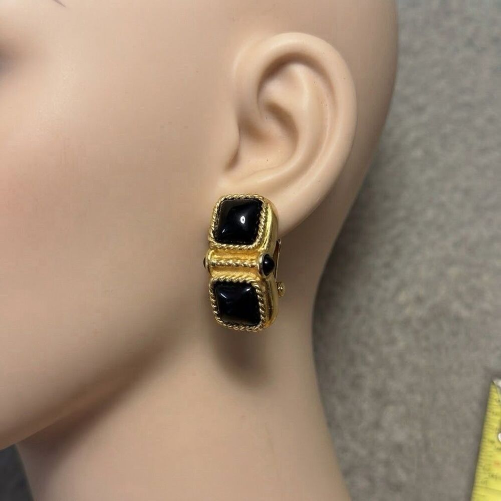 Signed Carlisle Designer Black & Gold Chunky Clip-On Statement Earrings
